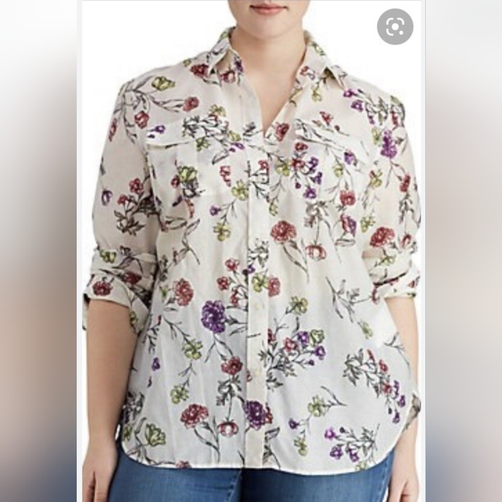 LAUREN RALPH LAUREN FLORAL BUTTON UP COTTON BLEND LONG SLEEVE SHIRT. SIZE SMALL.